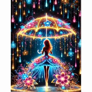 5D Full Drill Diamond Painting Kit - Enchanted Glowing Umbrella Girl in Magic Rain, Neon Floral Dress & Colorful Luminous Droplets, Fantasy Fluorescent Art Style, Round Acrylic Diamonds, Dreamy Themed DIY Art for Home Wall Decor