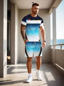 Men's Summer 3D Print Track Shorts Set, Casual Short Sleeve Crop Top, Geometric Pattern, Fitted H-Type Suit, Comfortable Streetwear
