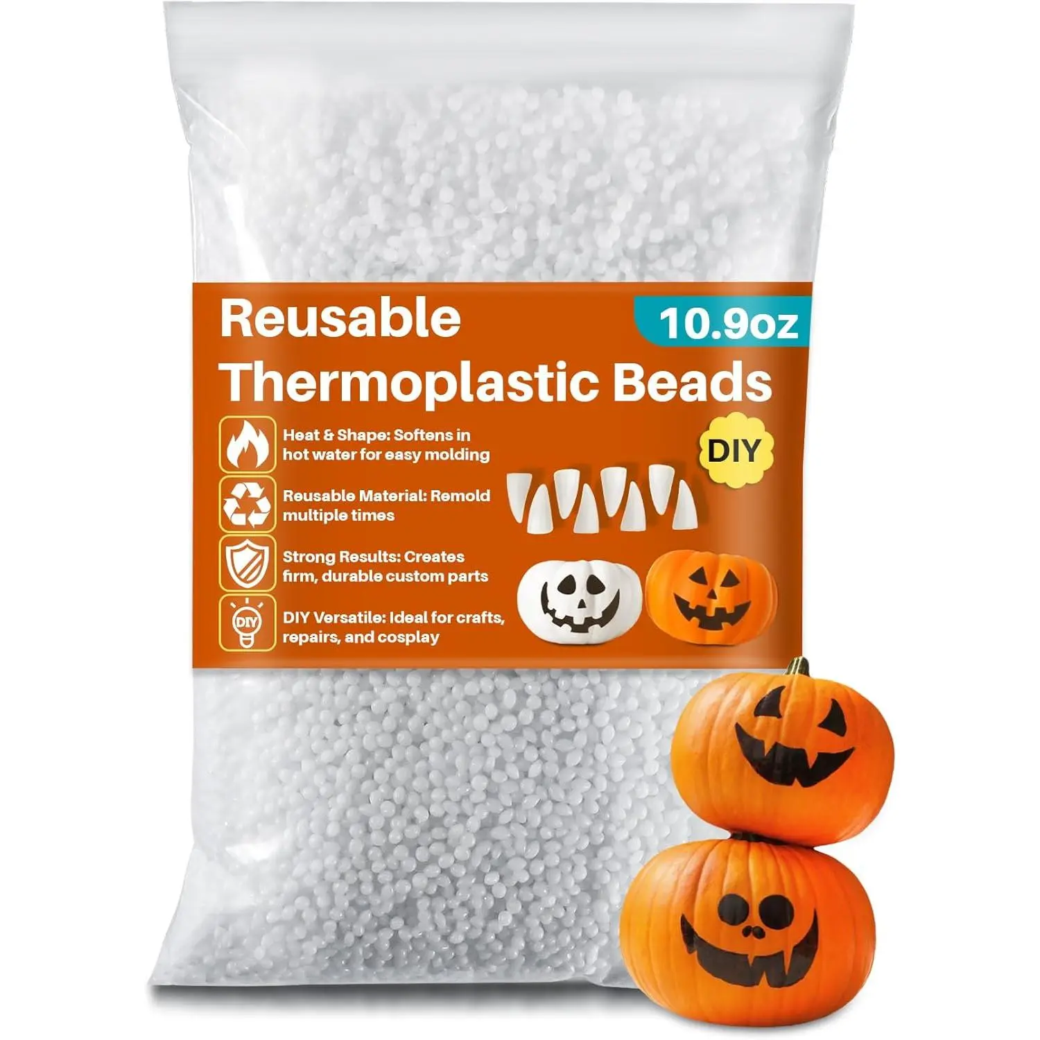 Moldable Thermoplastic Beads - Moldable Plastic Pellets,Meltable Polymorph Pellets,Thermal Beads for Modeling,DIY,Repairs,Halloween Vampire Teeth Fangs,Cosplay Accessories,White,10.9oz