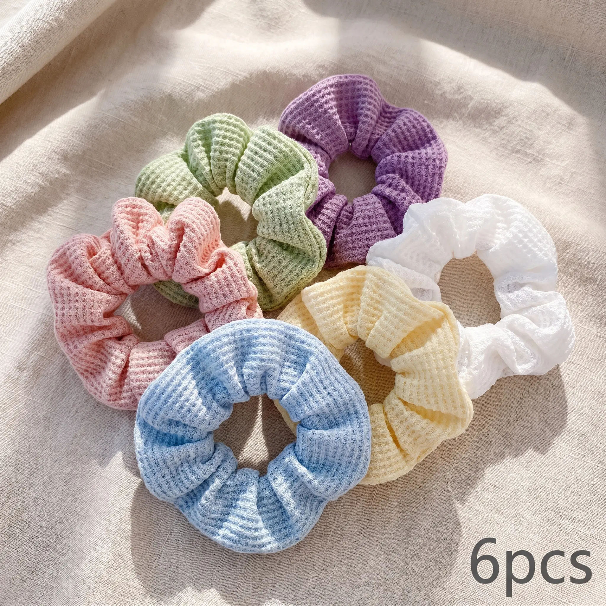 VVZ 2026 Women's Trendy Waffle Texture Soft Scrunchies 6 Pack, Fashion Minimal Basic Gentle Hair Ties Daily Hair Accessory Set