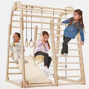 Wooden Kids Climbing Frame Indoor – Montessori Playground with Slide, Climbing Wall & Rope Ladder – Enhanced Montessori Gym for Children Ages 3 to 8