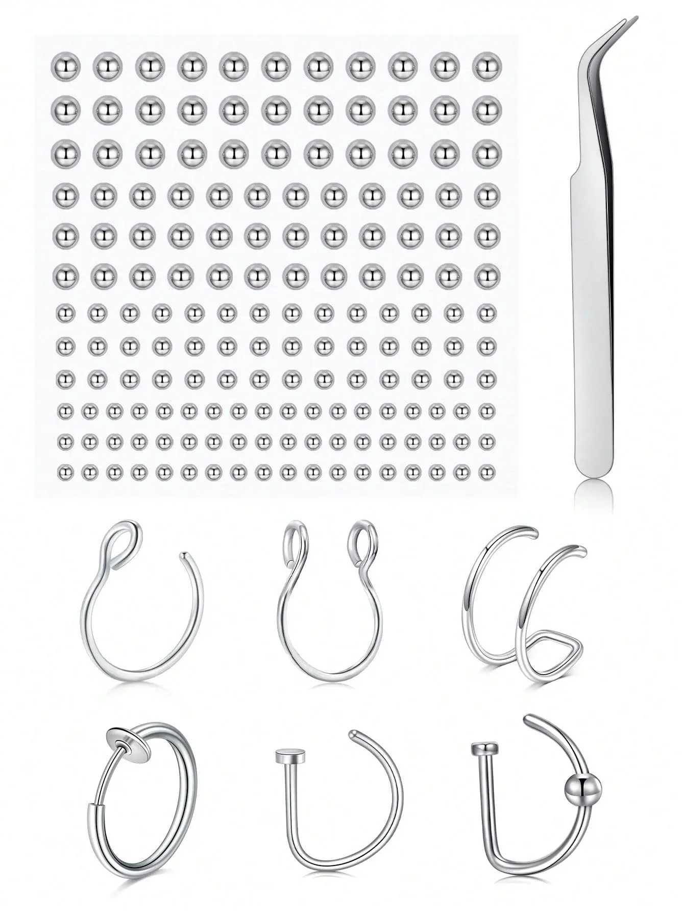 Fake Nose Rings Hoop with Self-Adhesive Nose Studs Stickers Faux Septum Piercing Non-Pierced Jewelry for Women Men Silver Tone