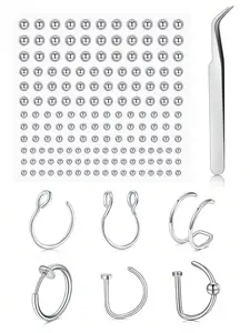 Fake Nose Rings Hoop with Self-Adhesive Nose Studs Stickers Faux Septum Piercing Non-Pierced Jewelry for Women Men Silver Tone