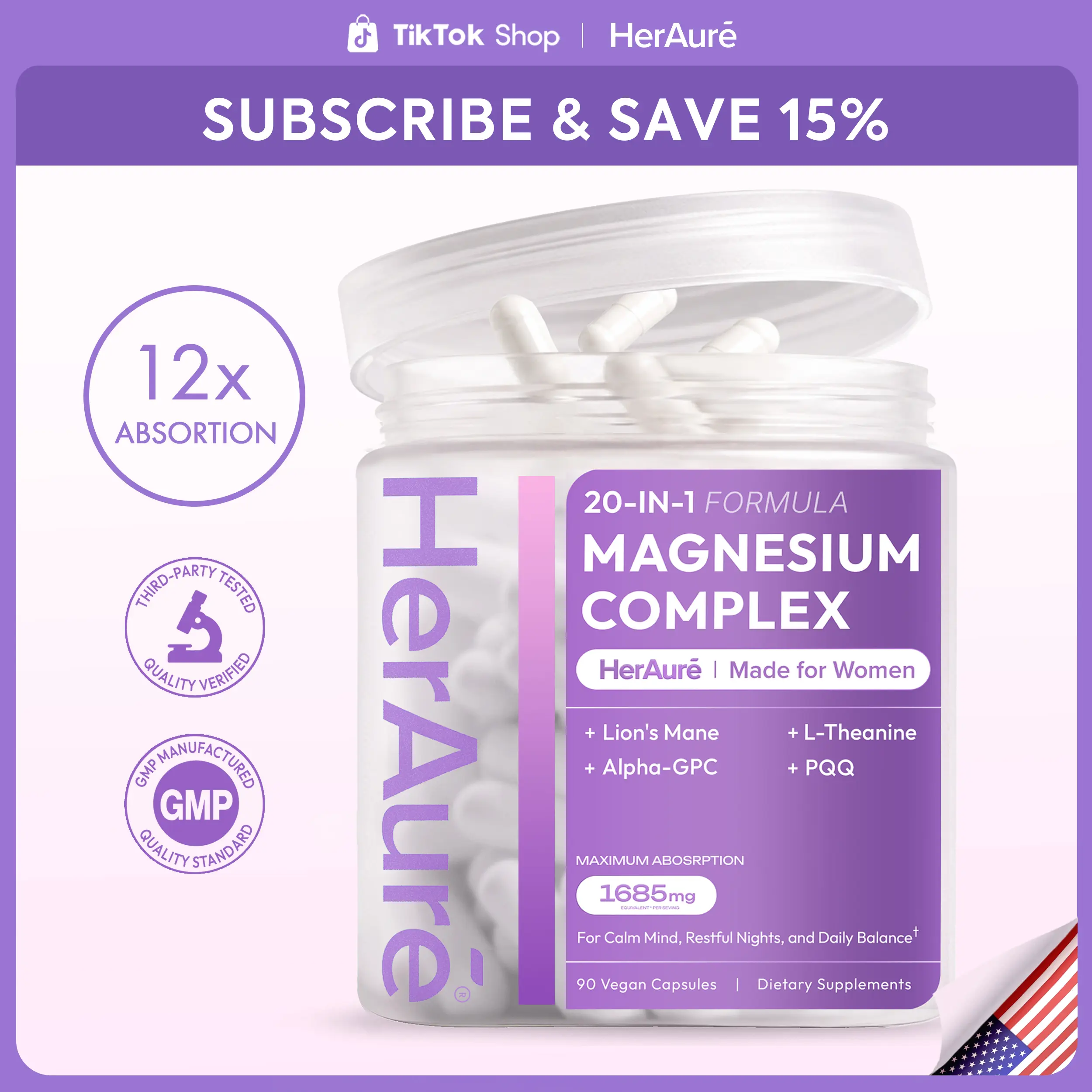 HerAure 20-in-1 Magnesium Complex 1685mg - BrainFog Relief, Reduce Overthinking & Calm Mind, StressRelief & Sleep Comfort, Digestion, Muscle & EnergySupport, 12 Forms of Magnesium, B6, Zinc & SlipperyElm, beach essentials, Deals For You Days