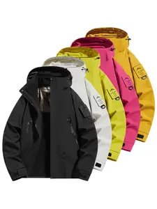 CCCMAI Men's Solid Color Waterproof Windproof Drawstring Zip-up Hoodie Jacket, Casual Long-Sleeve Outdoor Coat with Zipper Pockets, Suitable for Outdoor Activities, All-Season Men's Apparel, Menswear  Coats Jackets Tops