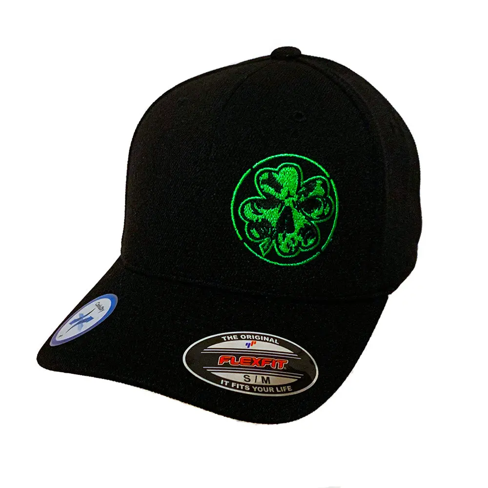 DEMONS BEHIND ME Flexfit Clover Black Fitted Hat, Green Embroidered Logo