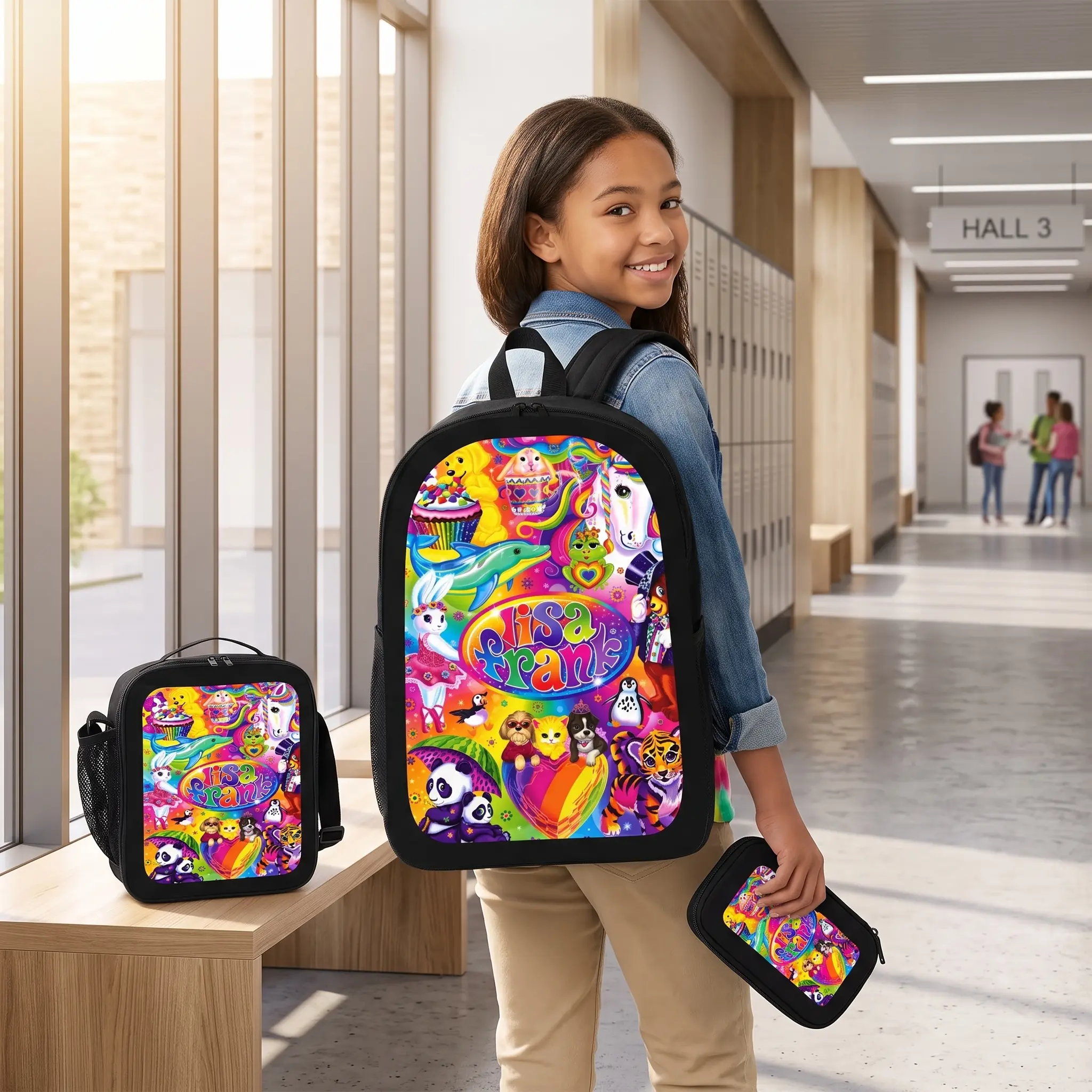 Lisa Frank Unisex 3-Piece Polyester Backpack Set, Animal Playful Casual Cartoon Anime Bag with Large Capacity, Lightweight Breathable Backpack, Lunch Bag & Pencil Case for Back to School & Travel