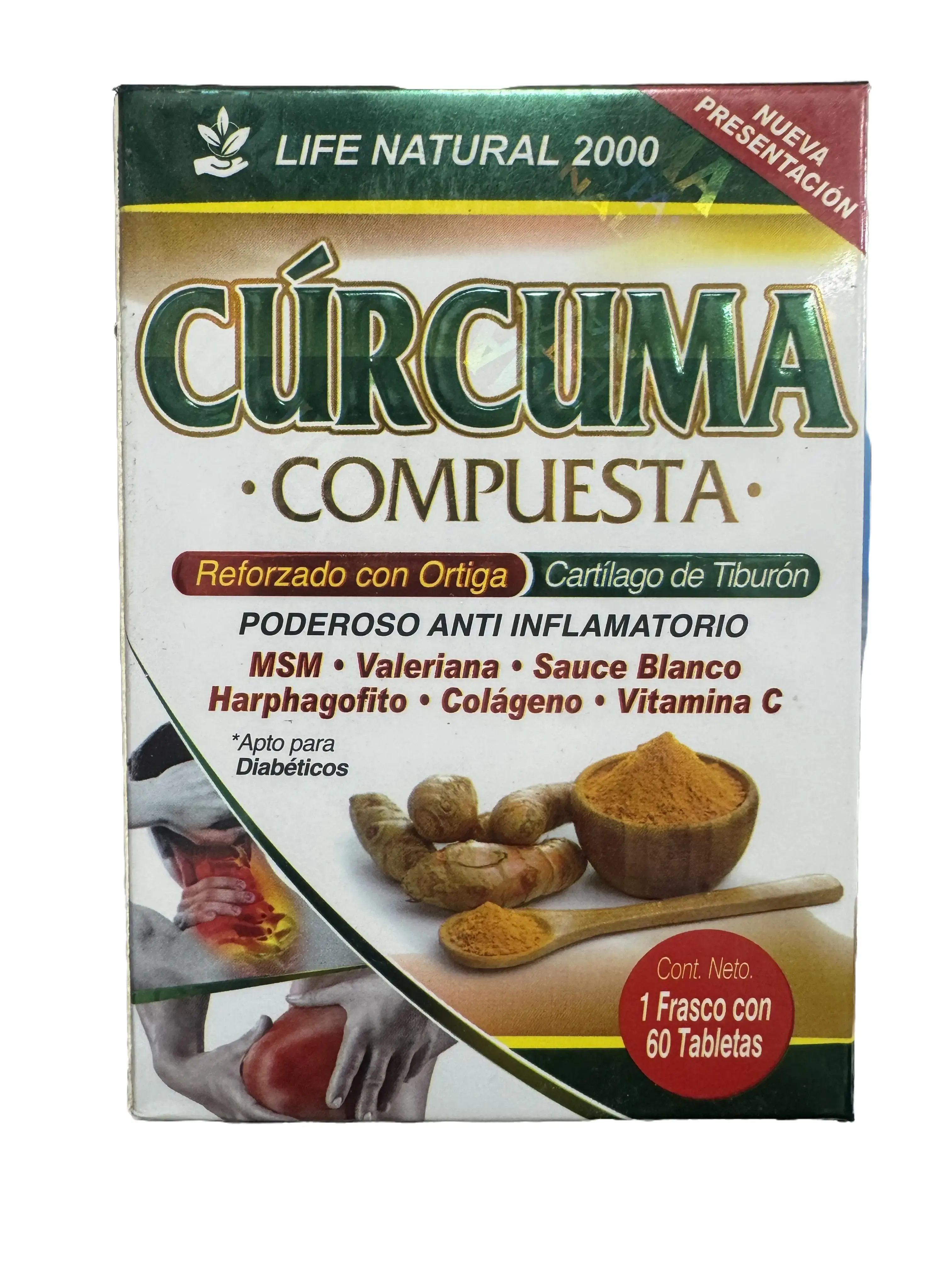Life Natural 2000 Compound Curcuma Dietary Supplement Tablet - Reinforced with Nettle, Shark Cartilage, MSM, Valerian, Collagen, Vitamin C - 1 Bottle (60 Tablets) for Health & Wellness Support
