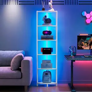 Corner Shelf with LED Lights, 6-Tier Corner Bookshelf, 66'' Organizer Book Shelf Shelves Steel Frame Display Stand with Living Room, Bedroom, Study, White