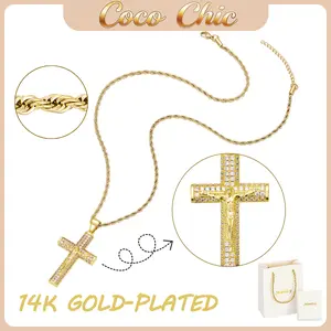 New 14K Gold-Plated Twisted Rope Chain Jesus Cross Pendant Necklace | Ice Crystal Zircon Cross | High-End Christian Religious belief Necklace Selected Gift Crucifix men's jewelry