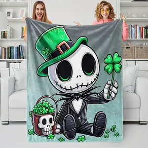 Cute Healing Jack Skellington Flannel Blanket, Adorable Sitting Pose, Full Lucky Clovers, Cloud-Soft Touch, Wrap You in Good Luck at Home.