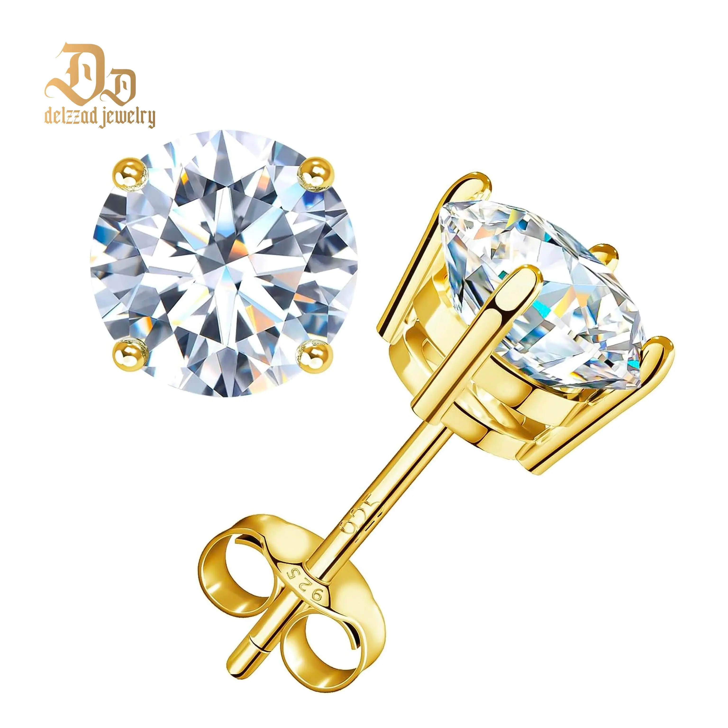 Delzzad 18k Gold-Plated Four Prong Stud Earrings Round Synthetic Moissanite Prong Stud Earrings Jewelry S925 Studs Anniversary Day Birthday Valentine's Day Christmas Gifts For Men Women