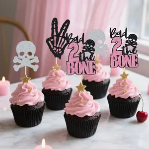Bad Two The Bone Cake Topper Cupcake Decor Girls 2nd Birthday Party Decorations Music Themed Party Decorations for Skeleton Rock and Roll Birthday Party