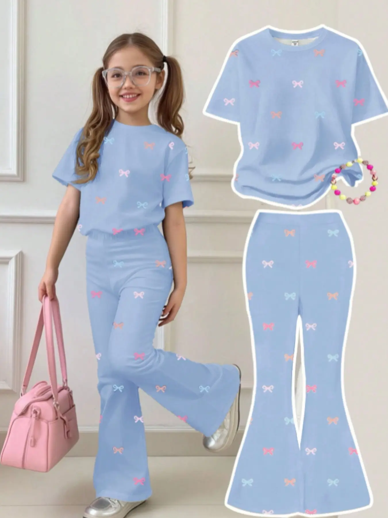 2-Piece Tween Girl Set, Cute Bow Pattern T-Shirt & Bell Pants, Casual Summer, Street Style, Daily Wear, School, Vacation