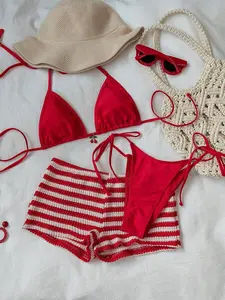 BUDDIES Women's Spring/Summer Beach Bikini 3pcs Set, Fashionable Sexy Solid Color Metal Fruit Decor Halter Backless Bikini Top Paired With Bohemian Crochet Striped Shorts, Suitable For Valentine's Day, Pool Party And Beach Vacation