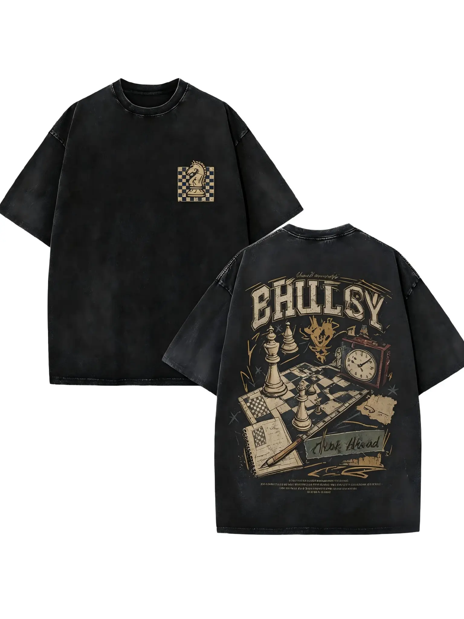 Festive Menswear Men's Short-Sleeve Oversized Distressed Washed Cotton Casual T-Shirt with Vintage Chess Collage Back Print, Knight Logo & Figure Design, All-Season Top