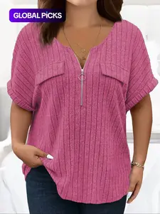 [Plus Size] Solid Half Zipper Pocket Ribbed Fitted Basic Tee, Casual Trendy Shirt, Casual Half Sleeve T-shirt for Spring, Women's Clothing for Daily Wear, Top