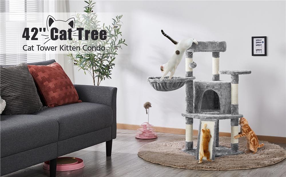 Yaheetech 42in Cat Tree with Scratching Posts and Condo, Plush Cat Tower with Perch Platform for Indoor Small Medium Cats