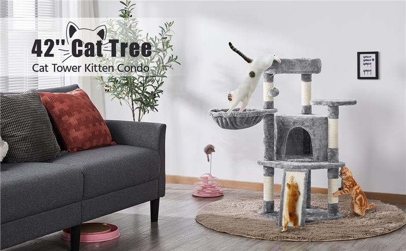 Yaheetech 42in Cat Tree with Scratching Posts and Condo, Plush Cat Tower with Perch Platform for Indoor Small Medium Cats