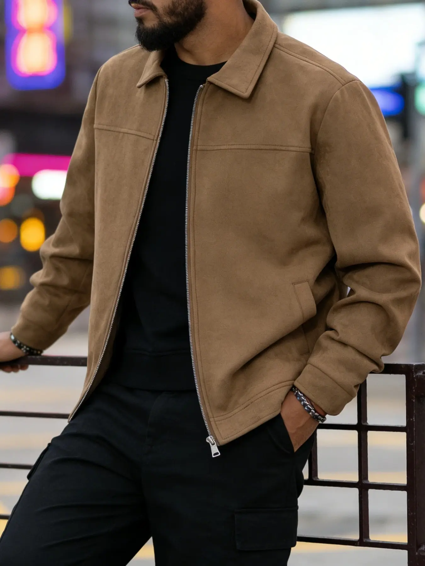 Men's Casual Outerwear Jacket, Zip Closure, Long Sleeve, Fitted H-Type, Plain Surface, Business Style, Spring & Fall