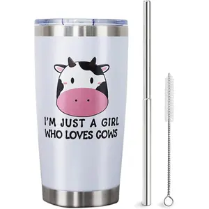 Reusable Insulated Round Cow Print Tumbler with Lid and Straw - Portable Vacuum Flask, Kitchenware Drinkware, Cute Gift for Women, Skinny Travel Cup for Birthday Gifting
