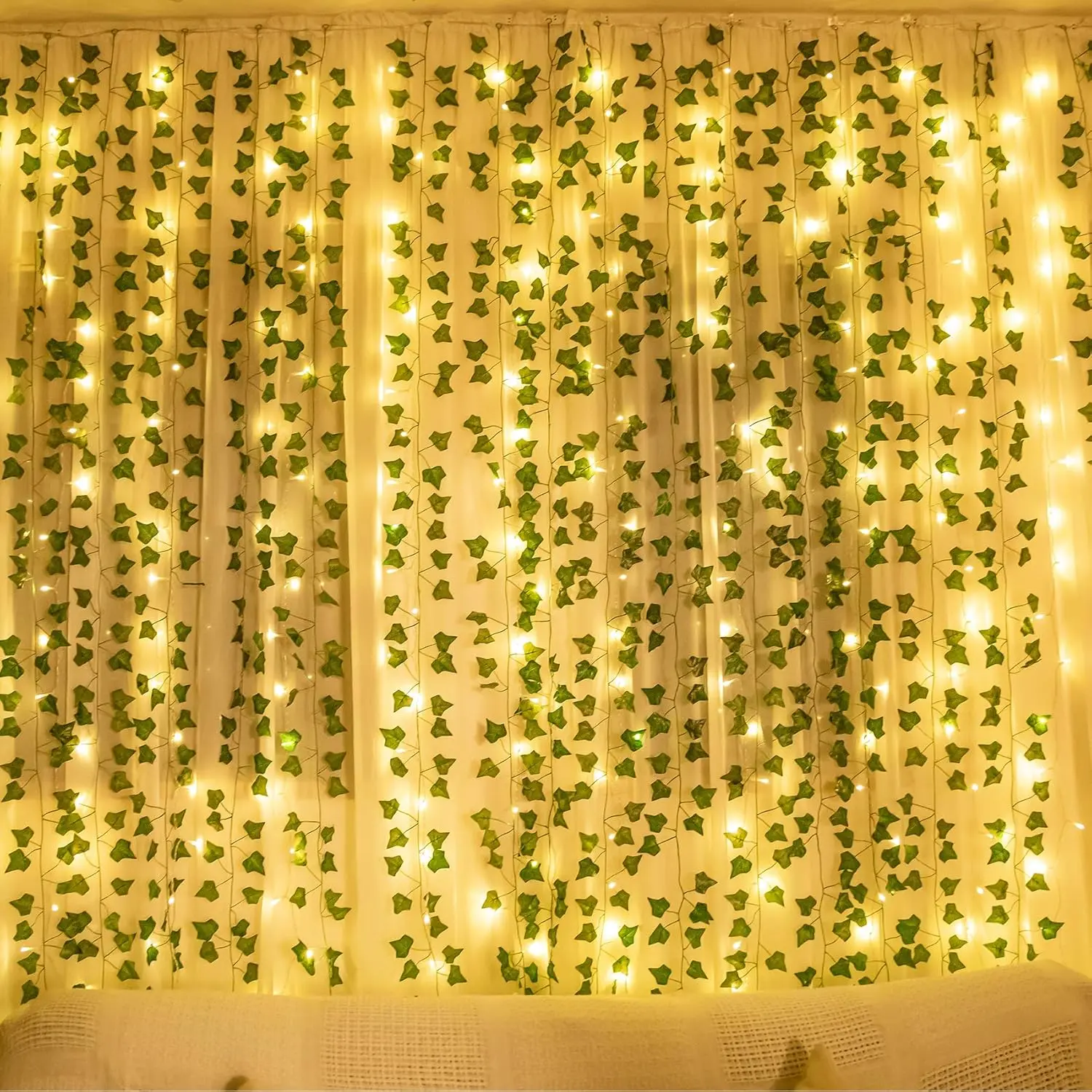 84Ft 12 Pack Artificial Ivy Leaf  Vine with 80 LED String Light,Green Vines Garland,  for  Kitchen Office Wedding Wall Decor