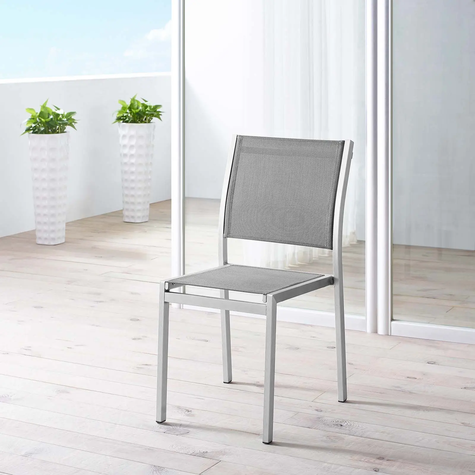 Modway Minimal Modern Outdoor Patio Aluminium Lounge Side Chair - Silver Gray, Plastic, 1 Size, Breathable Mesh, Anodized Brushed Aluminum, Durable Chairs, Outdoor Furniture