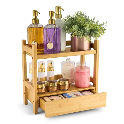 Sorbus Natural Bamboo 2-Tier Rectangular Countertop Shelf Organizer - Coastal Chic Shelving & Storage with Hidden Drawer, Ample Space, Minimal Assembly, Durable Beauty Home Organizer for Busy Routines