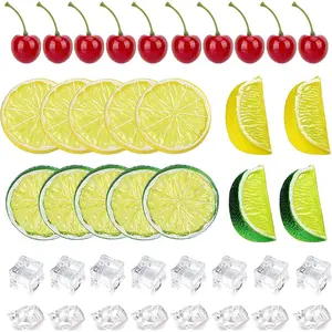 40 Pcs Fake Crushed Ice and Square Ice Rocks, 10 Pcs Artificial Fruit Lemon Slices, 4 Pcs Simulation Lemon Blocks, 10 Pcs Lifelike Cherries for Home Kitchen Decoration Photography Props