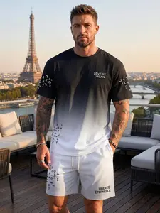 French-Inspired Typography Print Men's Gradient 2-Piece Streetwear Outfit