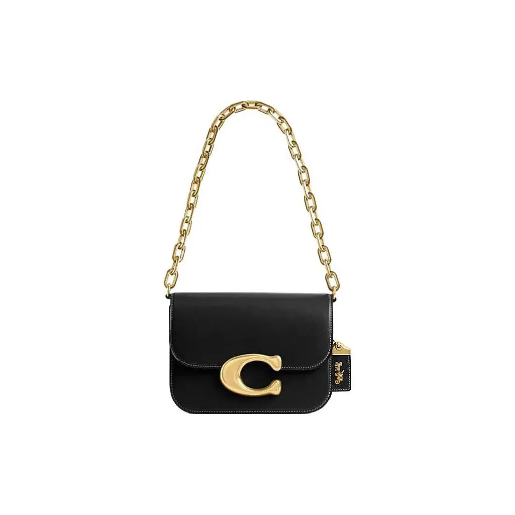 COACH IDOL 21 Leather Messenger Bag for Women – Gold Logo Chain Magnetic Flap Closure, Small Black