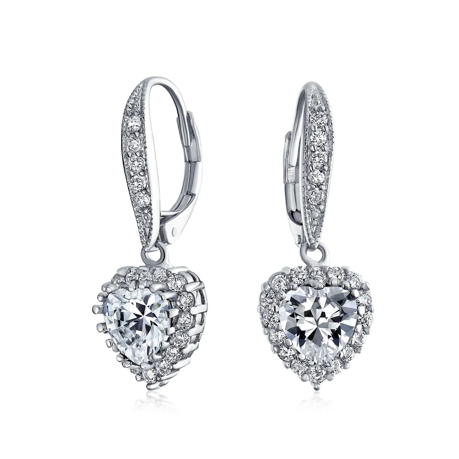 Bridal Romantic Red Pink CZ Heart Dangle Chandelier Earrings Rhodium Plated