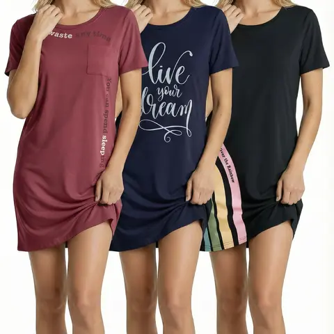 Real Essentials 3 Pack: Women's Printed Nightshirt Short Sleeve Ultra-Soft Nightgown Sleep Dress (Available In Plus Size)
