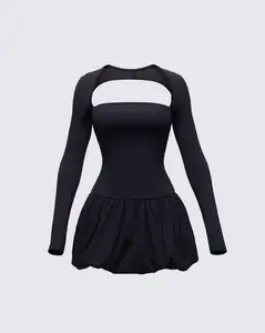 Pili Black Drop Bubble Hem Micro Mini Dress