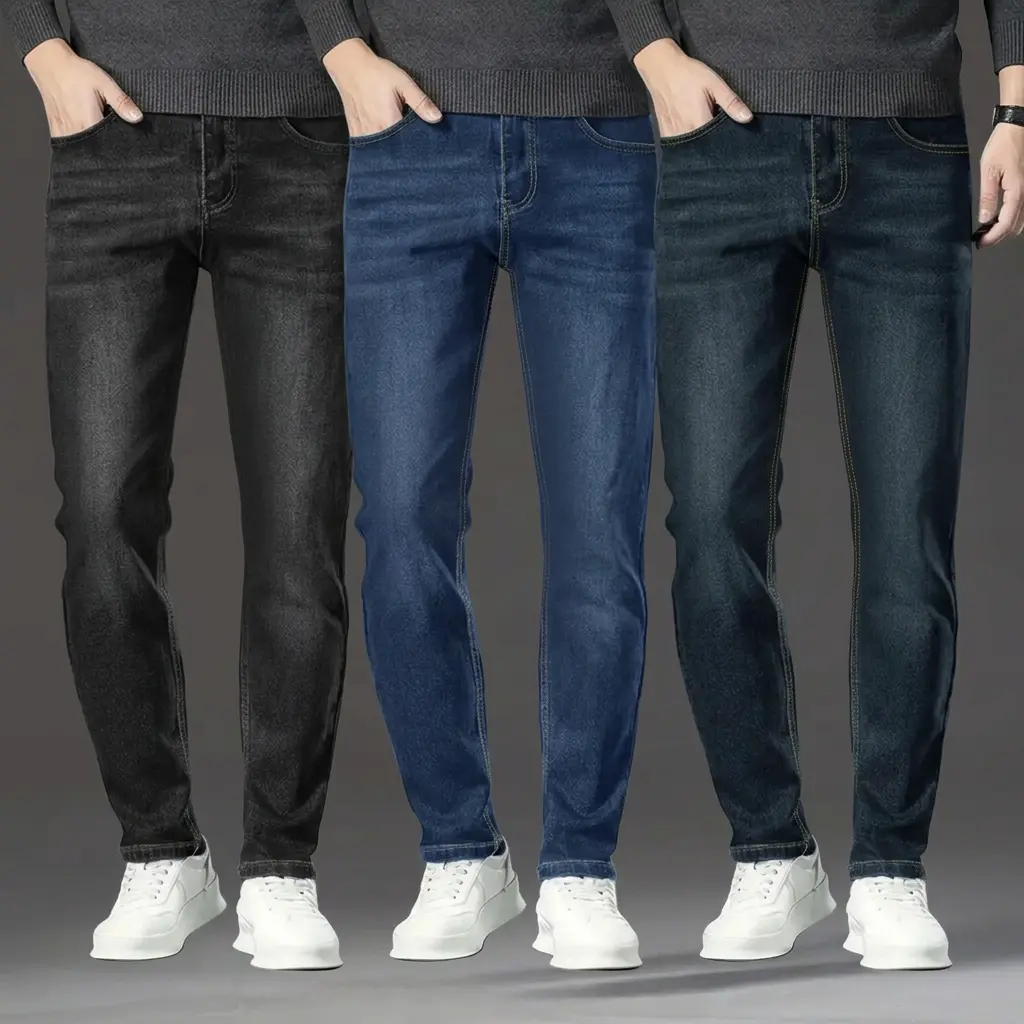 Men's Classic Slim-Fit Jeans in a Polyester Elastane Blend, Casual 5-Pocket Style, Solid Color, 3-Pack, Denim, Five-Pocket