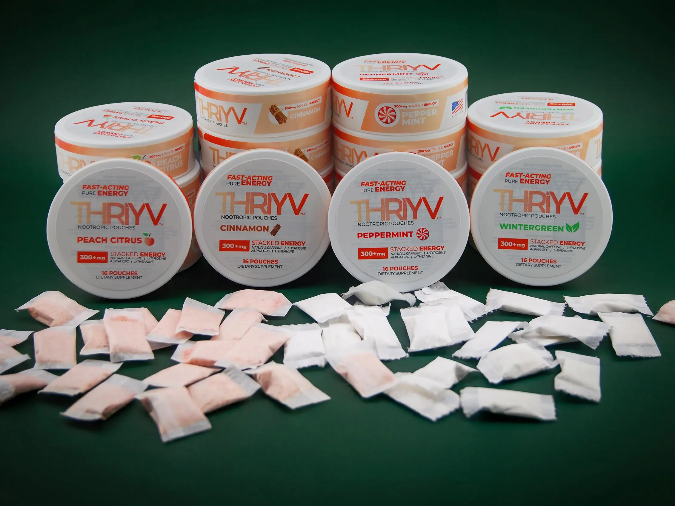 THRiYV Energy Nootropic Oral Pouches  -  Made 100% in the USA. No jitters, no crash. A quick boost with long lasting energy and invigorating flavor. Caffeine, Alpha GPC, and L-Theanine. Sugar-Free, energy drink alternative.