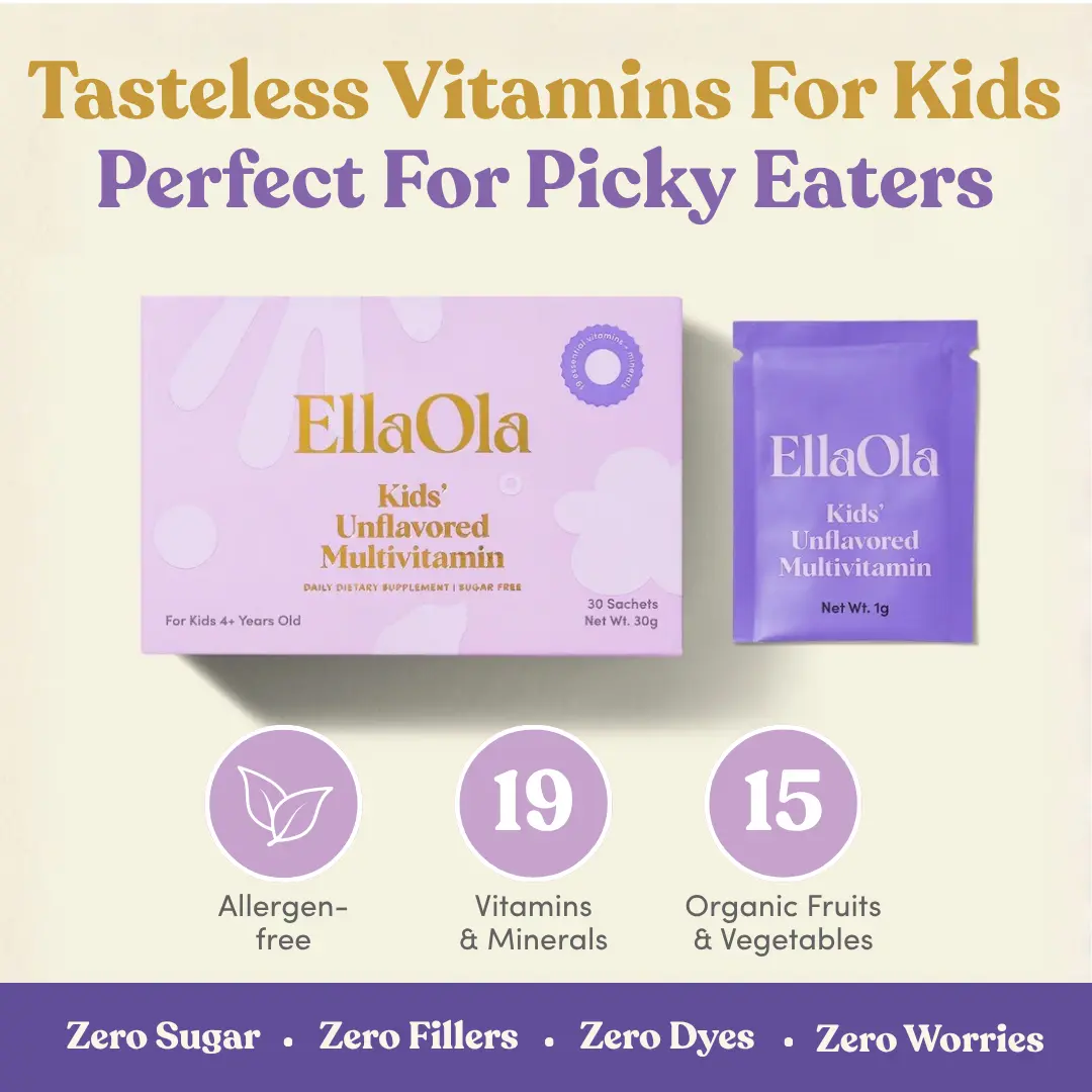 EllaOla Kids Essential Tasteless Multivitamin (4+ Years Old) - 30-Day Supply - Supports Total Health & Cognitive Development - 19 Vitamins & Minerals - 15 Organic Fruits & Veggies - Hidden in Food - Allergen-Free - Gluten-Free - Pediatrician-Developed
