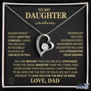To My Daughter Forever Love Necklace with Message Card and Gift Box, Unique Gift for Daughter From Dad "Never Forget That I Love You" Heart Necklace
