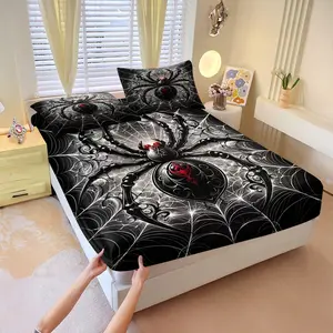 3Pcs Gothic Spider Web Print Fitted Sheet Set, Dark Street Trend Style, High-count Soft Breathable Non-slip Bedding Set, for Boys Bedroom, Gaming Room, Spooky Theme