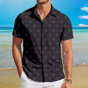 Hawaiian Shirt for Men, Black Meomeo Animals Hawaiian Shirt Cool Summer Anime Vibes for Men & Fans, Men's Collared Clothes for Beach Vacation, #menwear #shortsleeve #hawaiianshirt