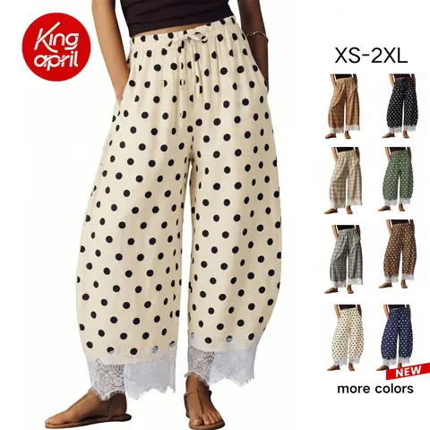 Kingapril Women's Polka Dot High-Waisted Wide-Leg Cropped Palazzo Pants - Lace Trim, Pockets, Lightweight Baggy Boho Loose Fit Casual Bottoms - Back to School, Beach Outfits