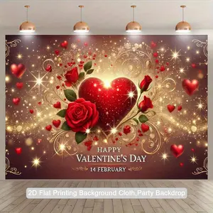 1PC,2D Flat Valentine's Day Theme Party Backdrop, Romantic Heart Rose Decor Background Curtain, February 14th Festival Event Photo Background Cloth, Wedding Proposal Confession Scene Decoration Backgr