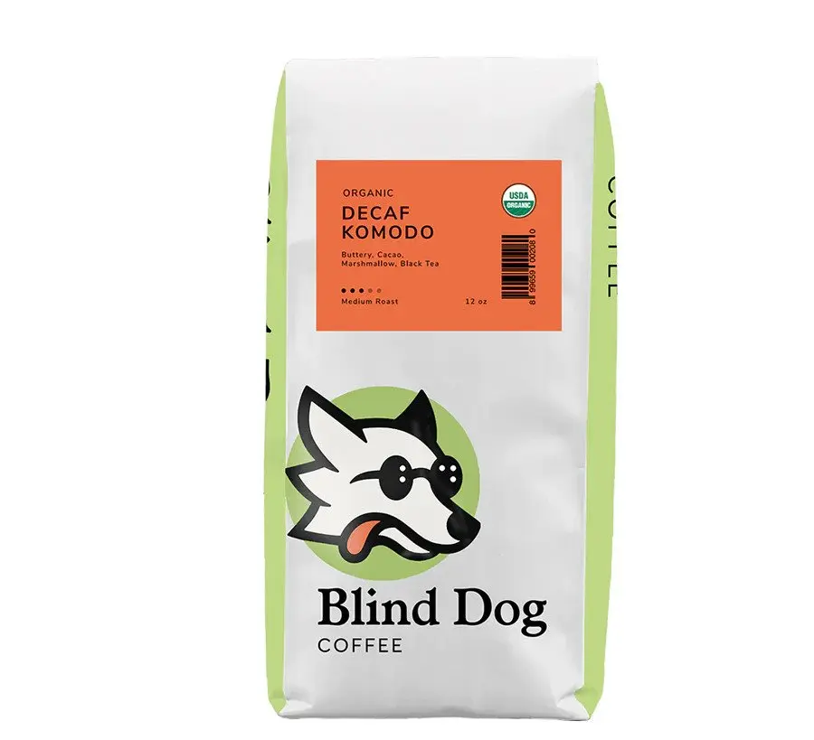 Blind Dog Coffee - 12 Oz Whole Decaf Coffee - Low Acid Coffee - Swiss Water Process with notes of Cocoa, Marshmallow and Black tea - Medium Roast