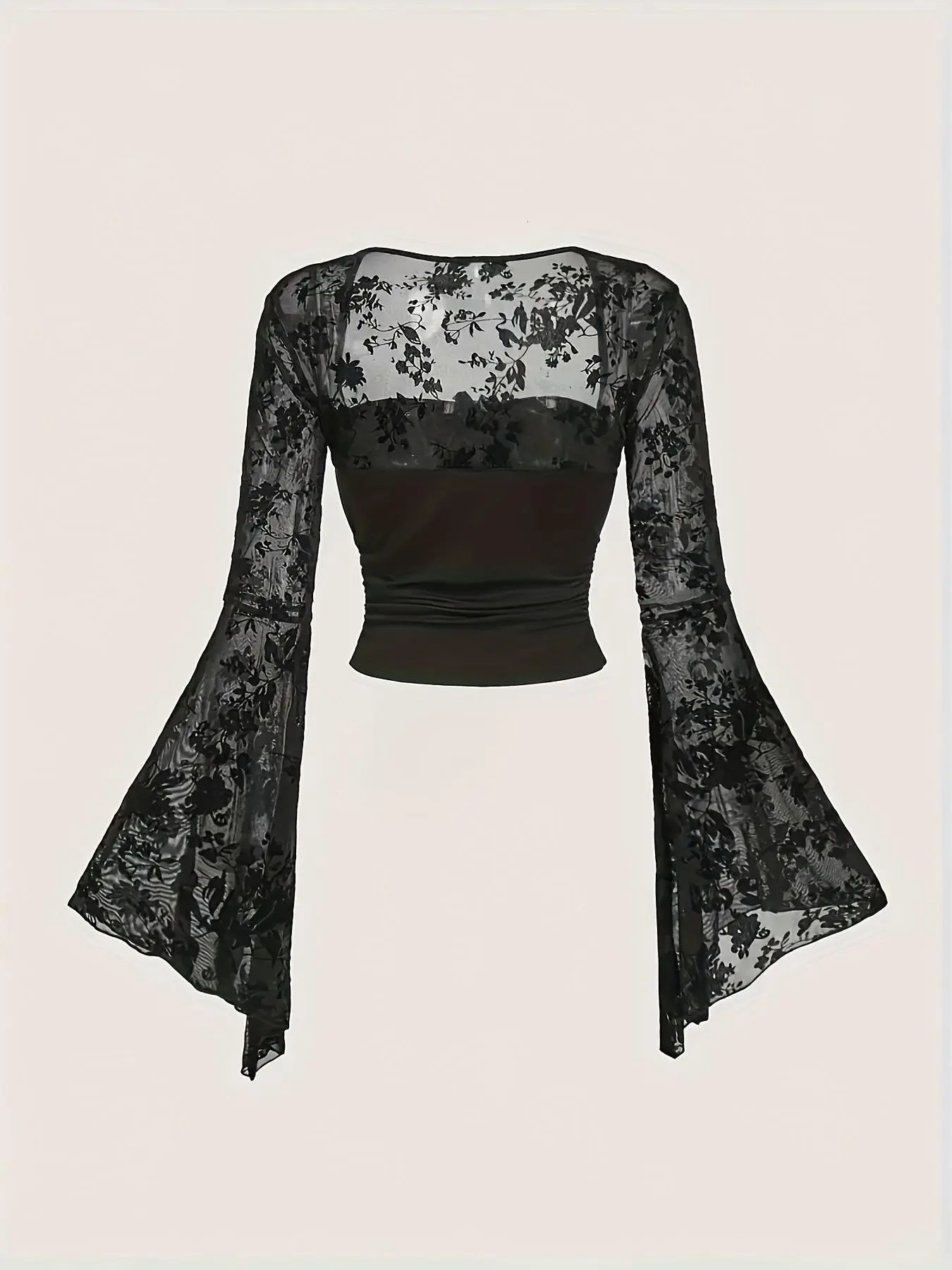 Lady's Chic Blouse with an Elegant Tie-Neck and Lace Bell Longsleeves, Solid Knit Polyester Blend, Fitted, Slim Fit, Shirts, Solid Plain, Polyester Knit