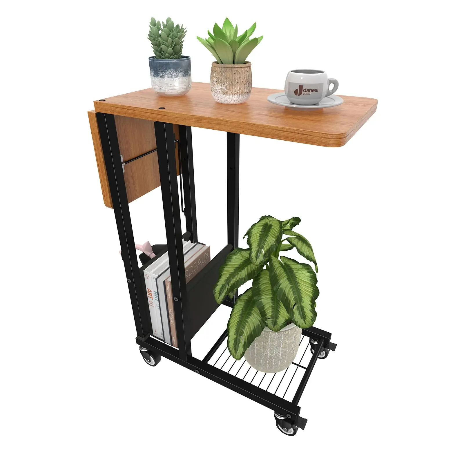 Simple Trending Side Table, C-Shape Folding Table with Wheels, Laptop Tray Table for Sofa and Bed, Living Room, Bedroom, Black