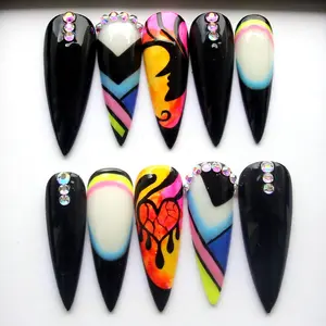 AURA NAILS \ Black Rainbow Press On - Abstract Marble Glue On Nails, Long Stiletto Festive Nail