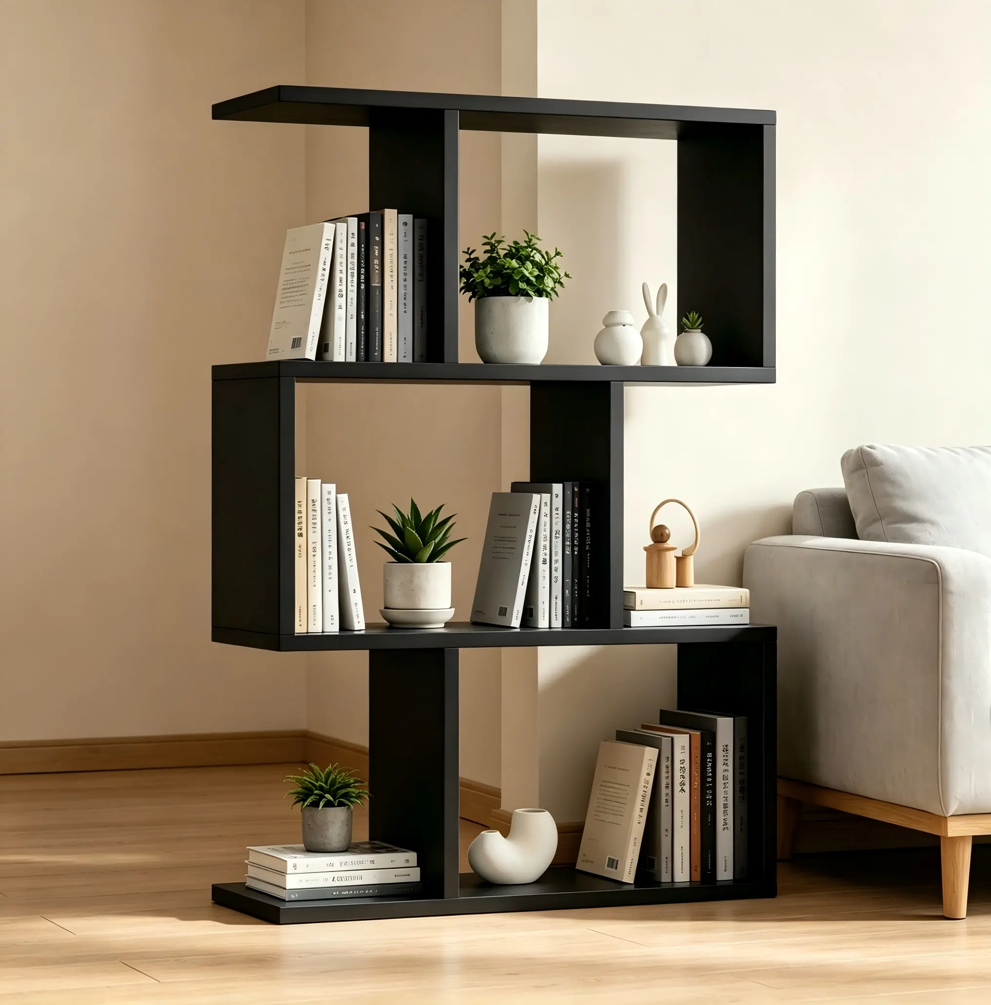 Wall-Mounted Asymmetrical Bookshelf with 3 Open Tiers, Antique Black Finish, Space-Saving Modern Storage for Living Room, Bedroom, or Entryway