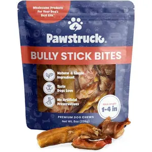 Pawstruck Natural 1–4" Bully Stick Bites for Small Dogs and Puppies Single Ingredient Digestible Rawhide-Free High-Protein Chew Treat Bones 8 oz Bag Packaging May Vary