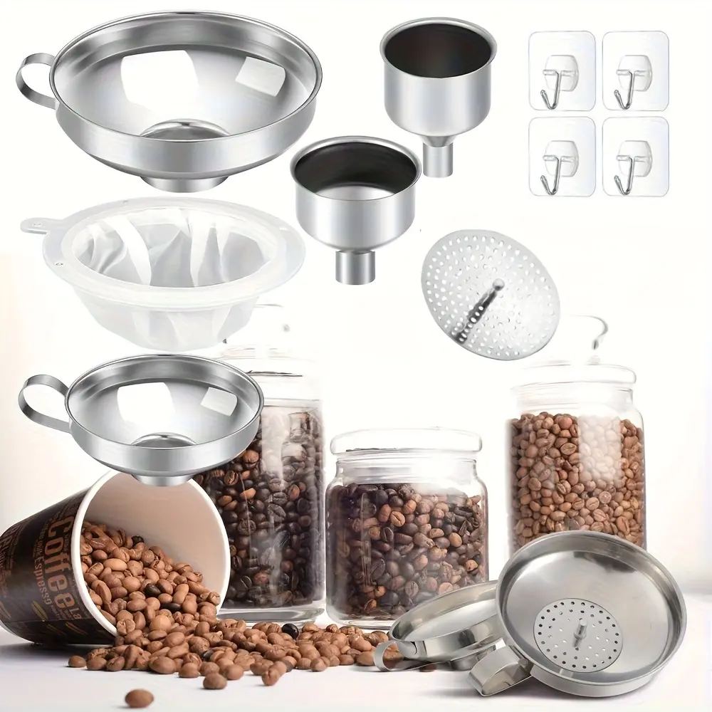 Stainless Steel Canning Funnels Set with Strainer, Mesh Filter, and Adhesive Hooks For Wide Mouth Mason Jars, Fine Mesh Strainer Mesh Filter Compatible with Wide and Regular Narrow Mouth Mason Jar