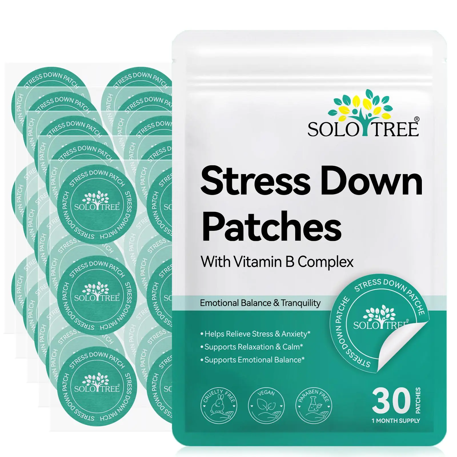 Stress Down Patches with Vitamin B Complex, Daily Wellness Patches for Relaxation & Balance, 30 Count, 1 Month Supply